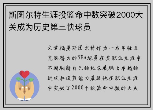 斯图尔特生涯投篮命中数突破2000大关成为历史第三快球员